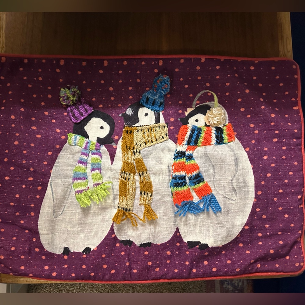 Anthropologie Holiday Penguin Embroidered Purple Pillow